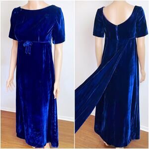 Vintage 60s Blue Velvet‎ Empire Waist Maxi Dress // Size XS